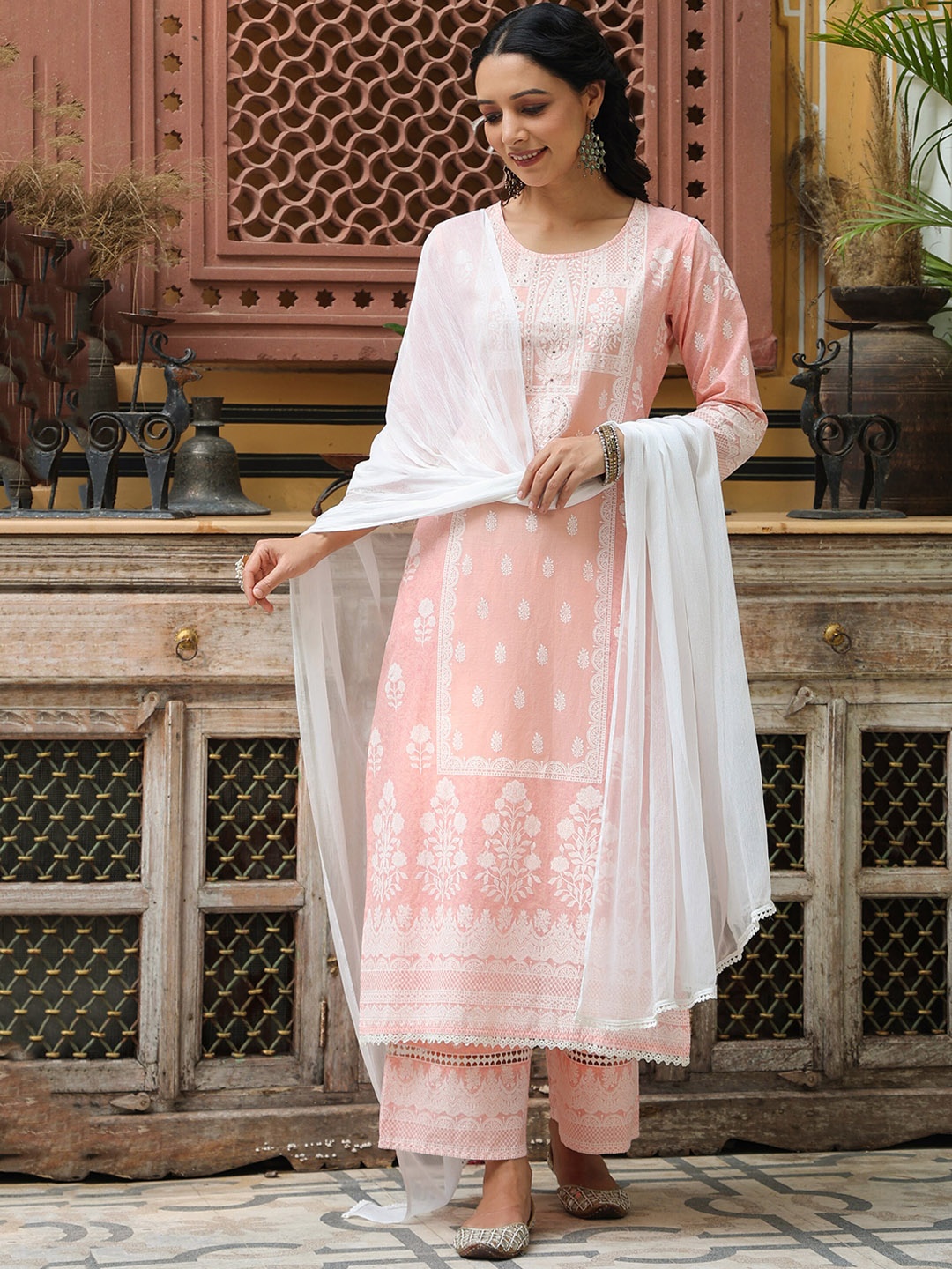 

Juniper Ethnic Motifs Printed Pure Cotton Kurta with Palazzos & Dupatta, Peach