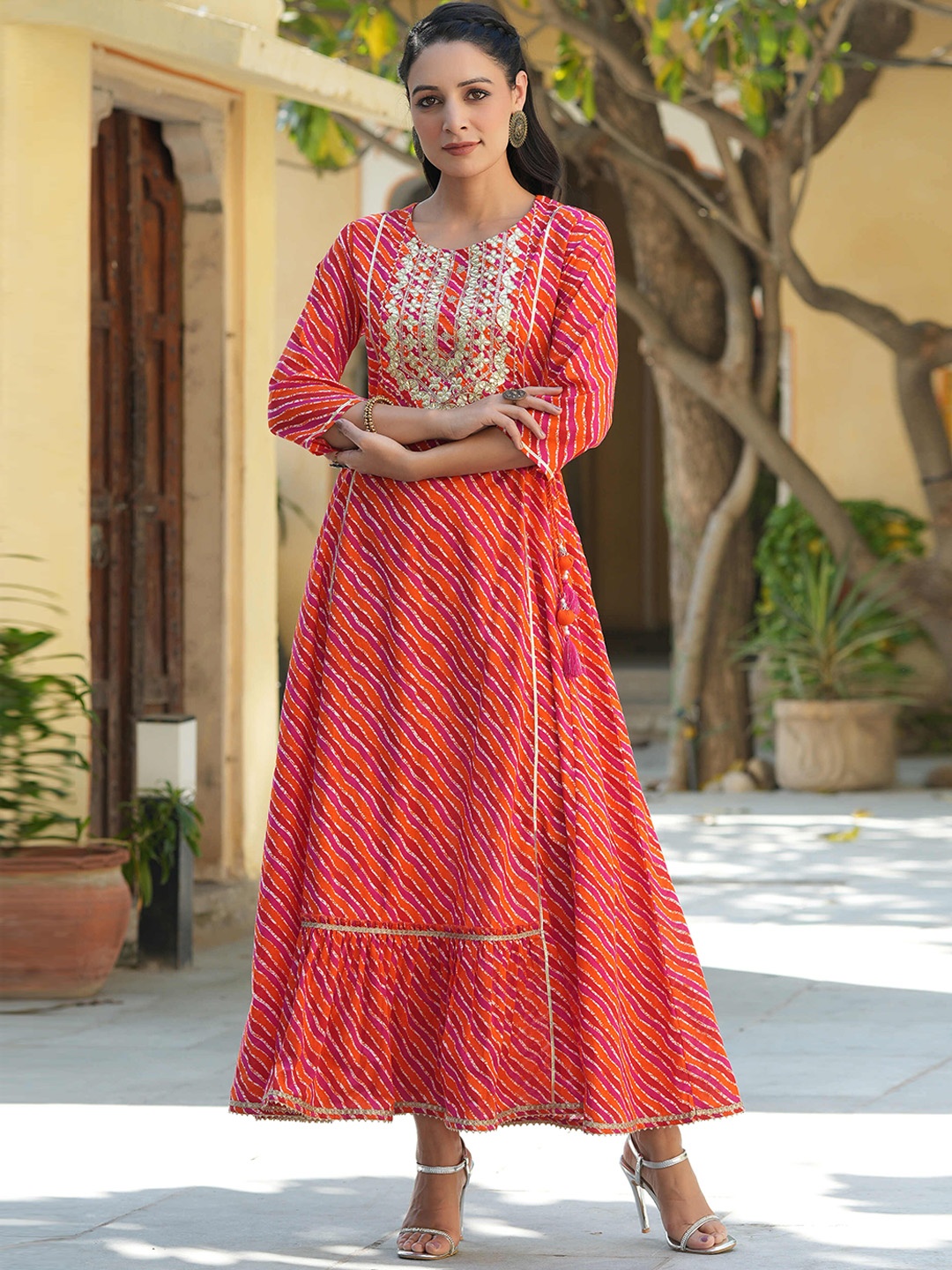 

Juniper Printed Embroidered Cotton Flared Maxi Ethnic Dress, Pink