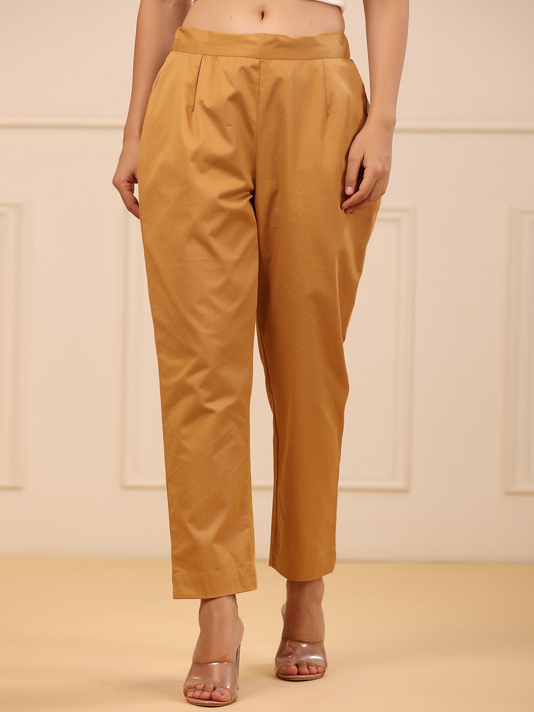 

Juniper Women Cotton Relaxed Straight Leg Pleated Trousers, Gold