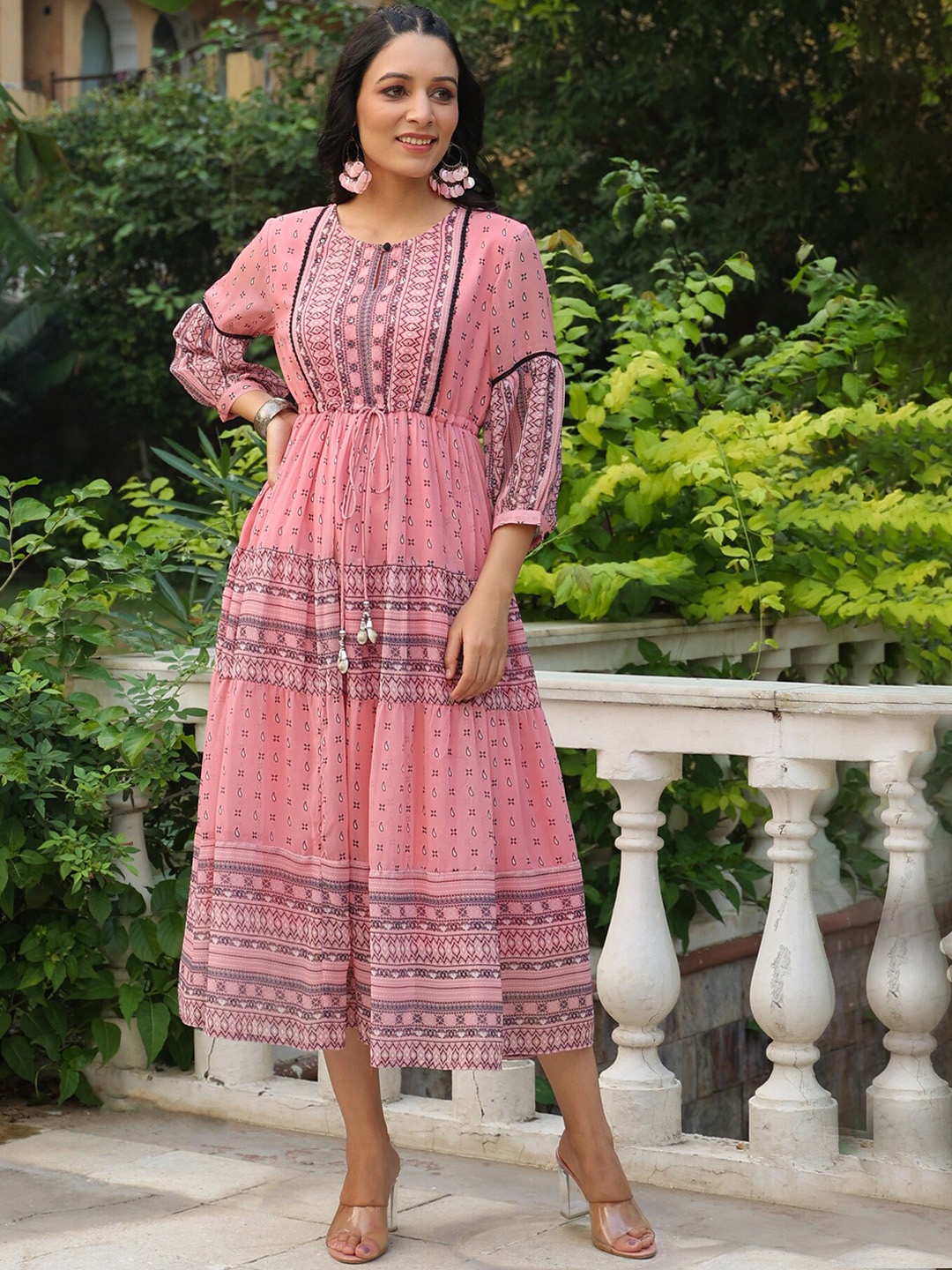 

Juniper Printed Georgette Teired Dress, Pink