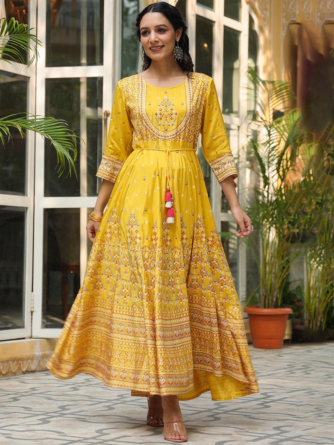 

Juniper Women Printed Maxi Flared Ethnic Dresses, Mustard