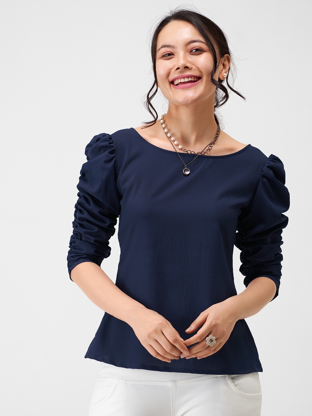 

AASK Boat Neck Puff Sleeve Regular Top, Navy blue