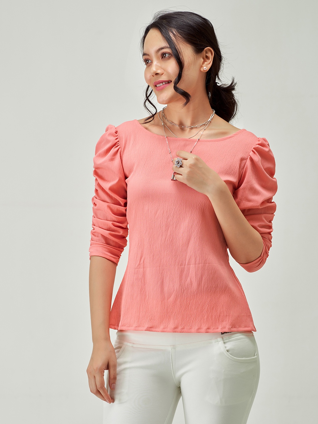 

AASK Puff Sleeve Crepe Top, Peach