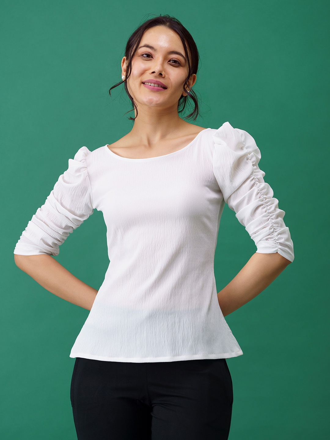 

AASK Puff Sleeve Boat Neck Crepe Top, White