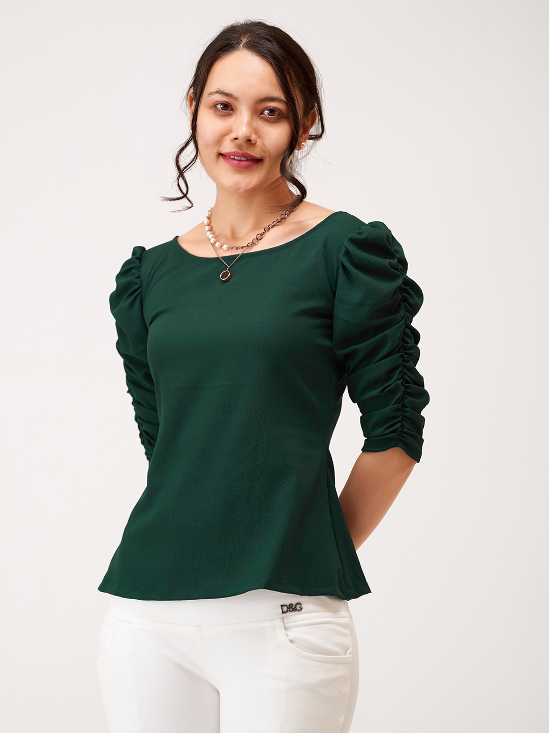 

AASK Puff Sleeve Boat Neck Crepe Top, Green