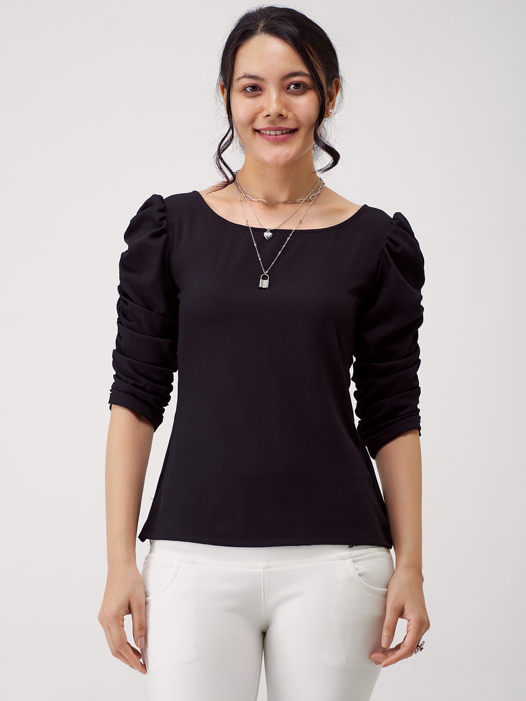 

AASK Ruched Puff Sleeves Regular Top, Black