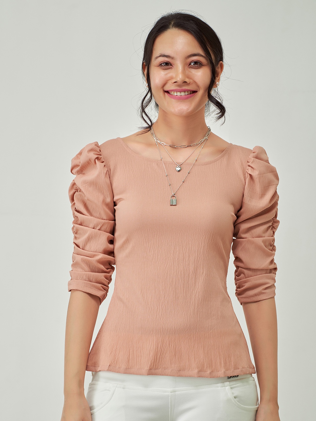 

AASKRuched Puff Sleeves Regular Top, Cream