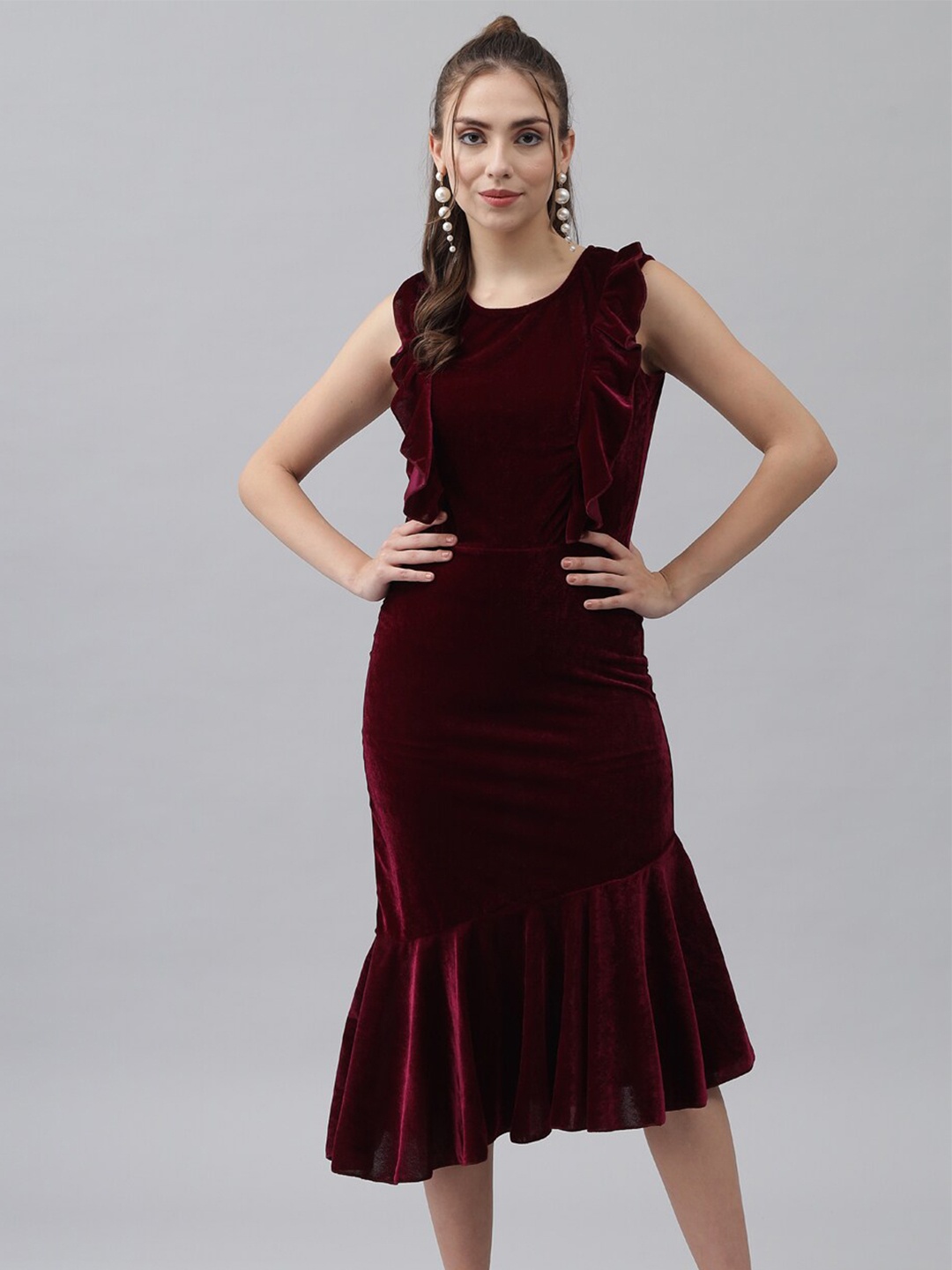 

VAARARO Round Neck Sheath Midi Dress, Maroon