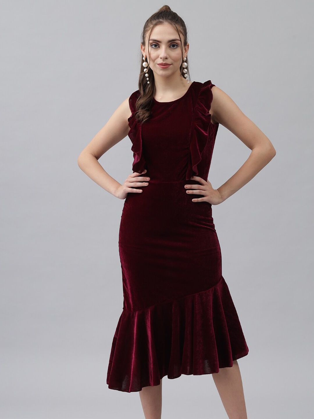 

VAARARO Round Neck Sheath Midi Dress, Maroon