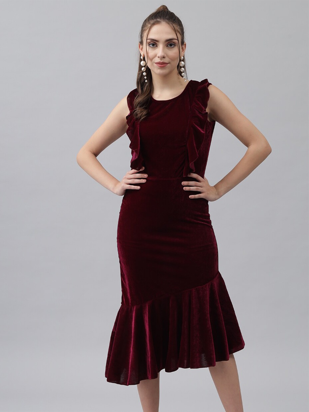 

VAARARO Round Neck Sheath Midi Dress, Maroon