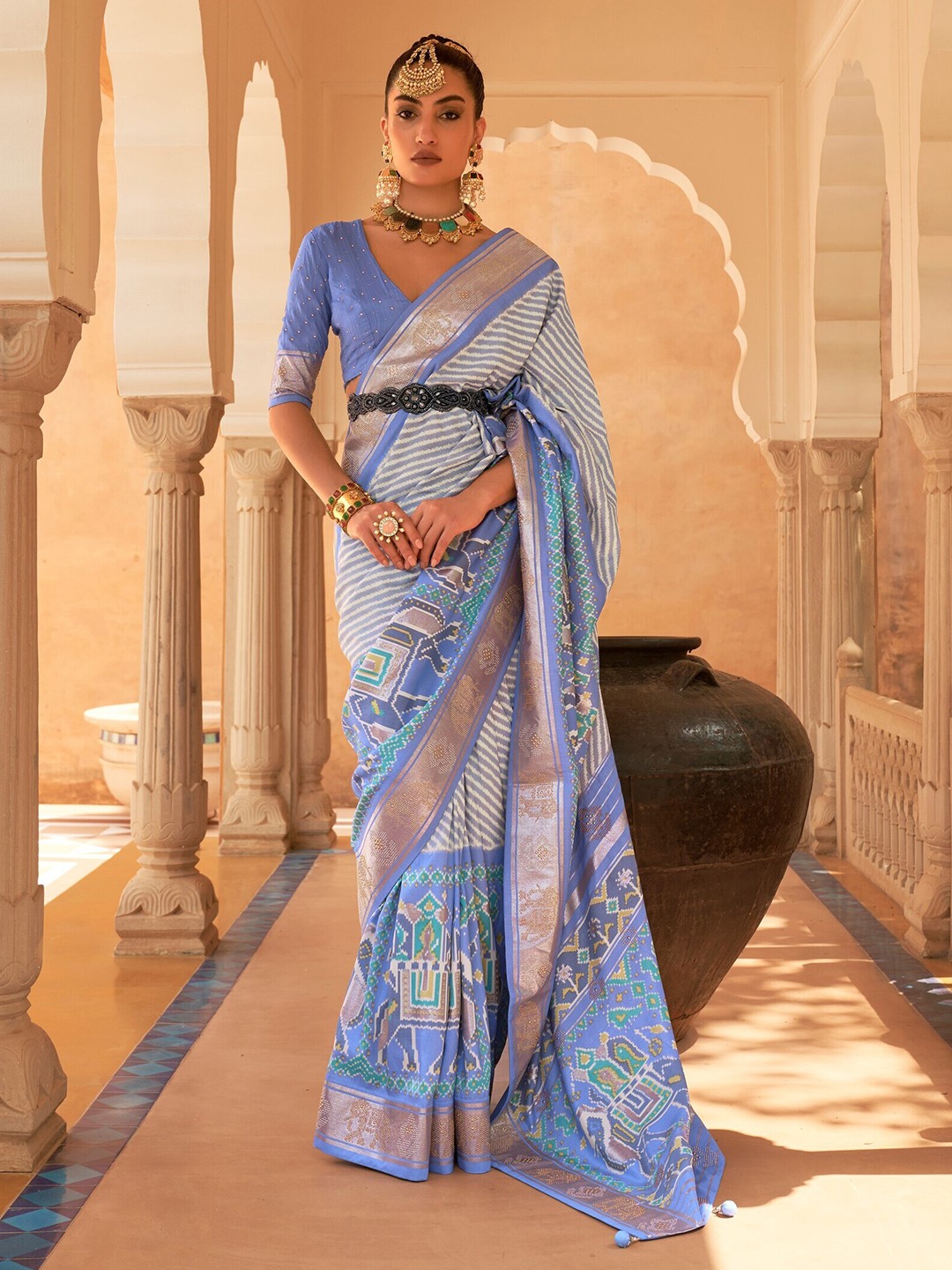 

Mitera Ethnic Motifs Printed Zari Pure Silk Patola Saree, Blue
