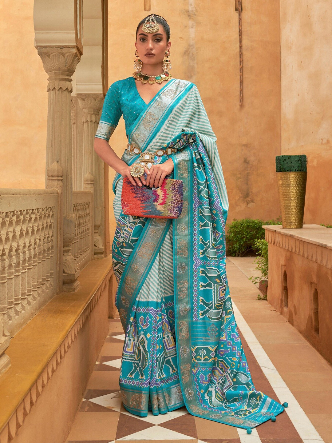 

Mitera Leheriya Printed Zari Pure Silk Patola Saree, Blue