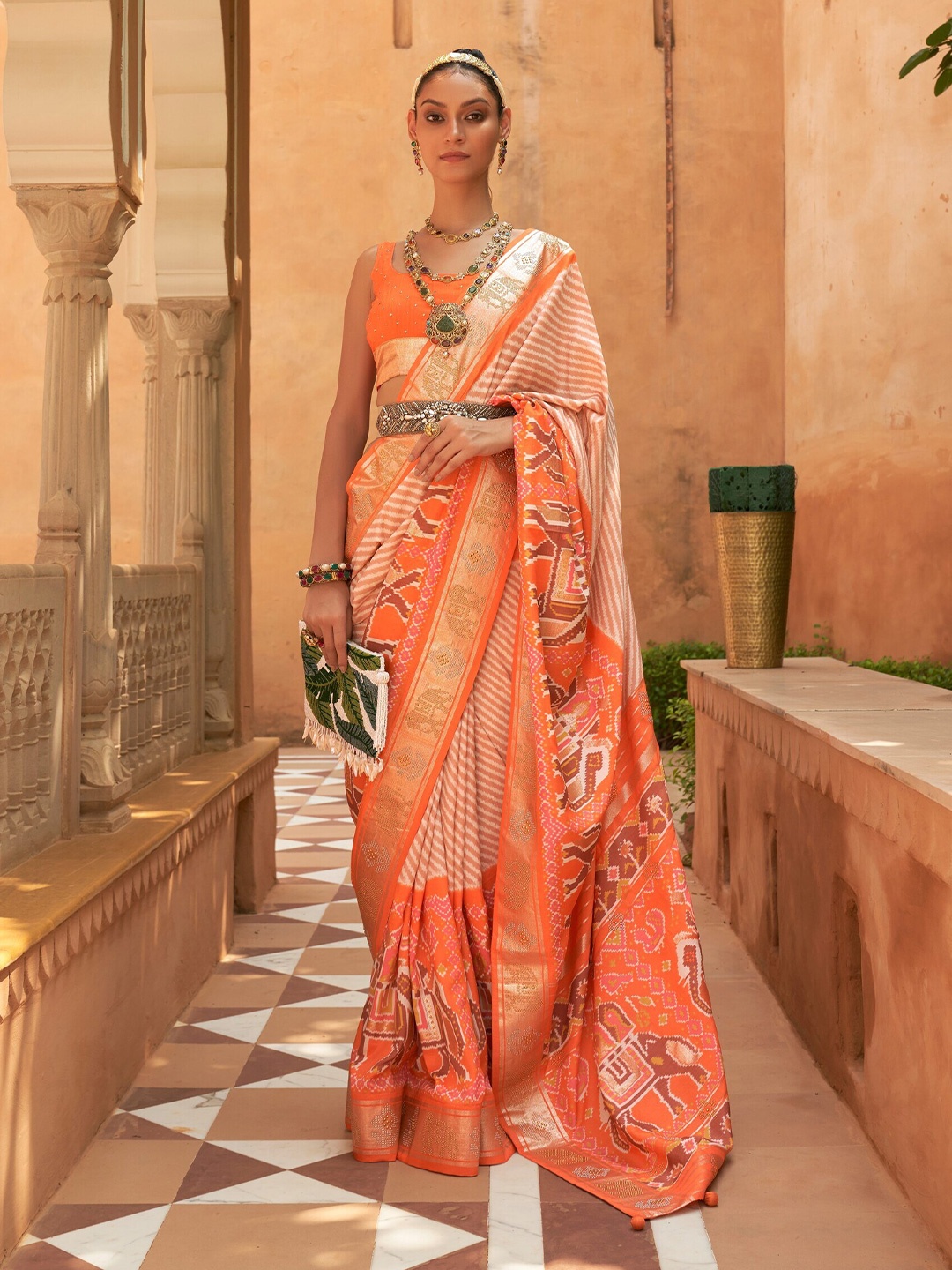 

Mitera Leheriya Printed Zari Pure Silk Patola Saree, Orange