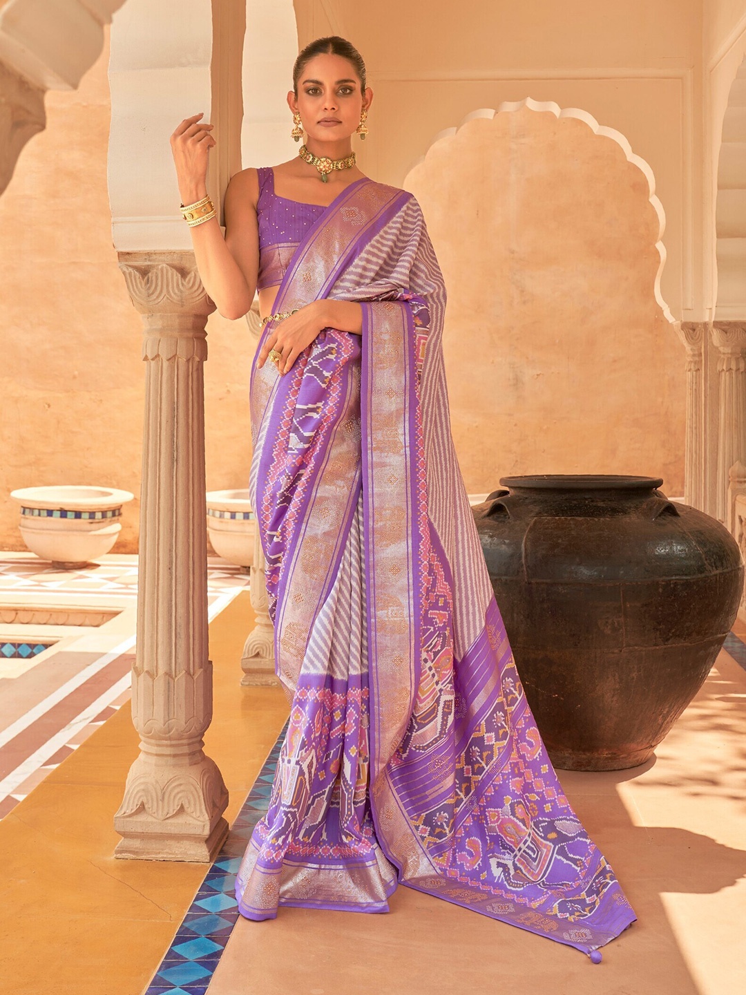

Mitera Leheriya Printed Zari Pure Silk Patola Saree, Purple