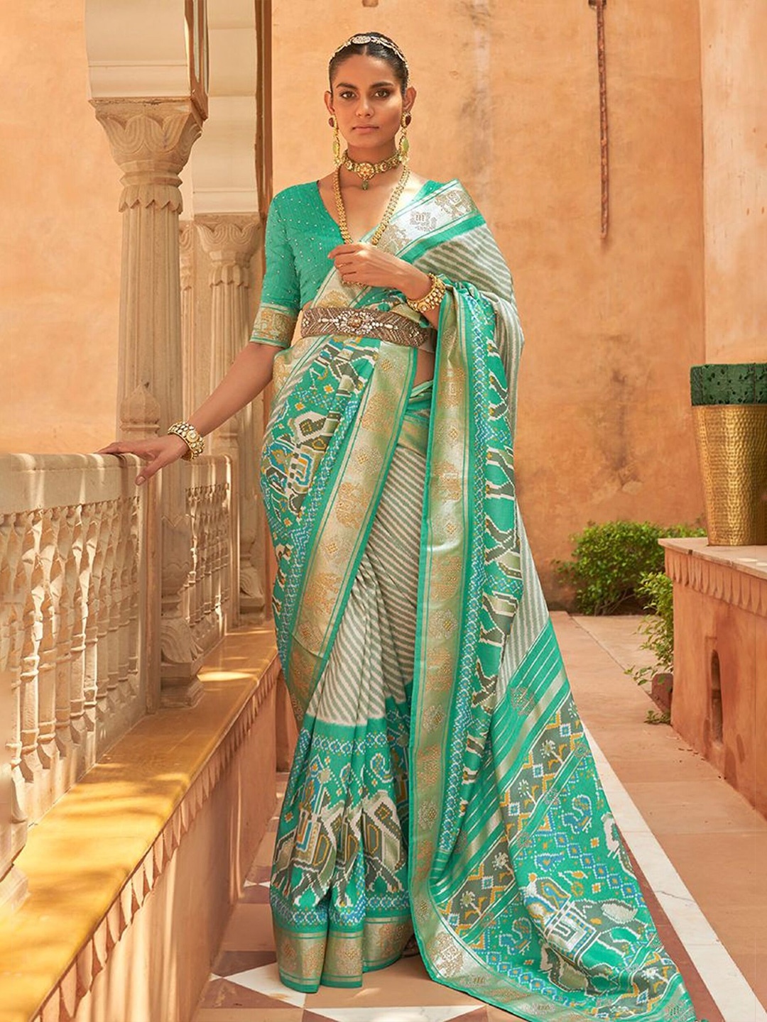 

Mitera Ethnic Motifs Printed Zari Pure Silk Patola Saree, Sea green