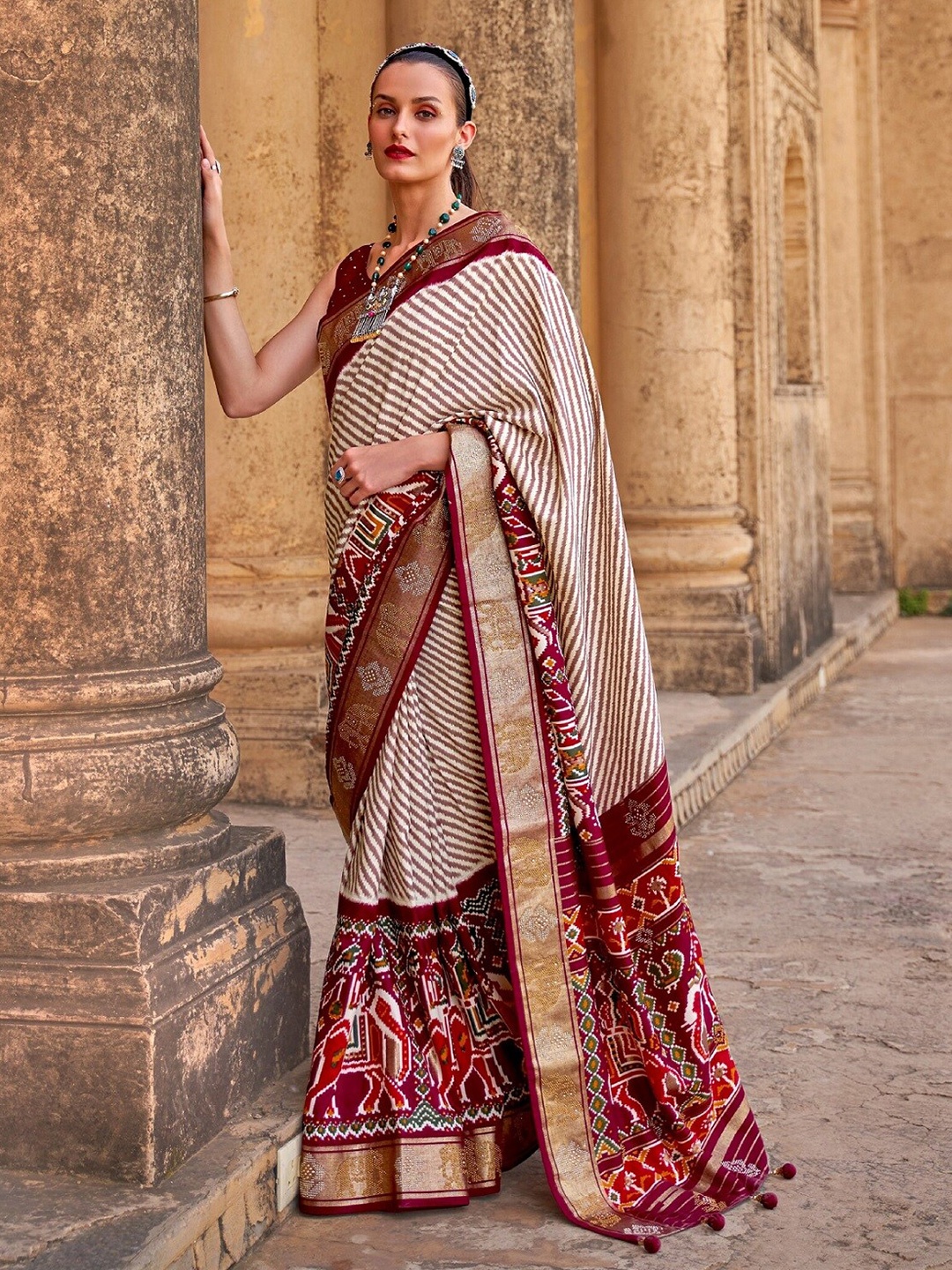

Mitera Leheriya Printed Zari Pure Silk Patola Saree, Maroon