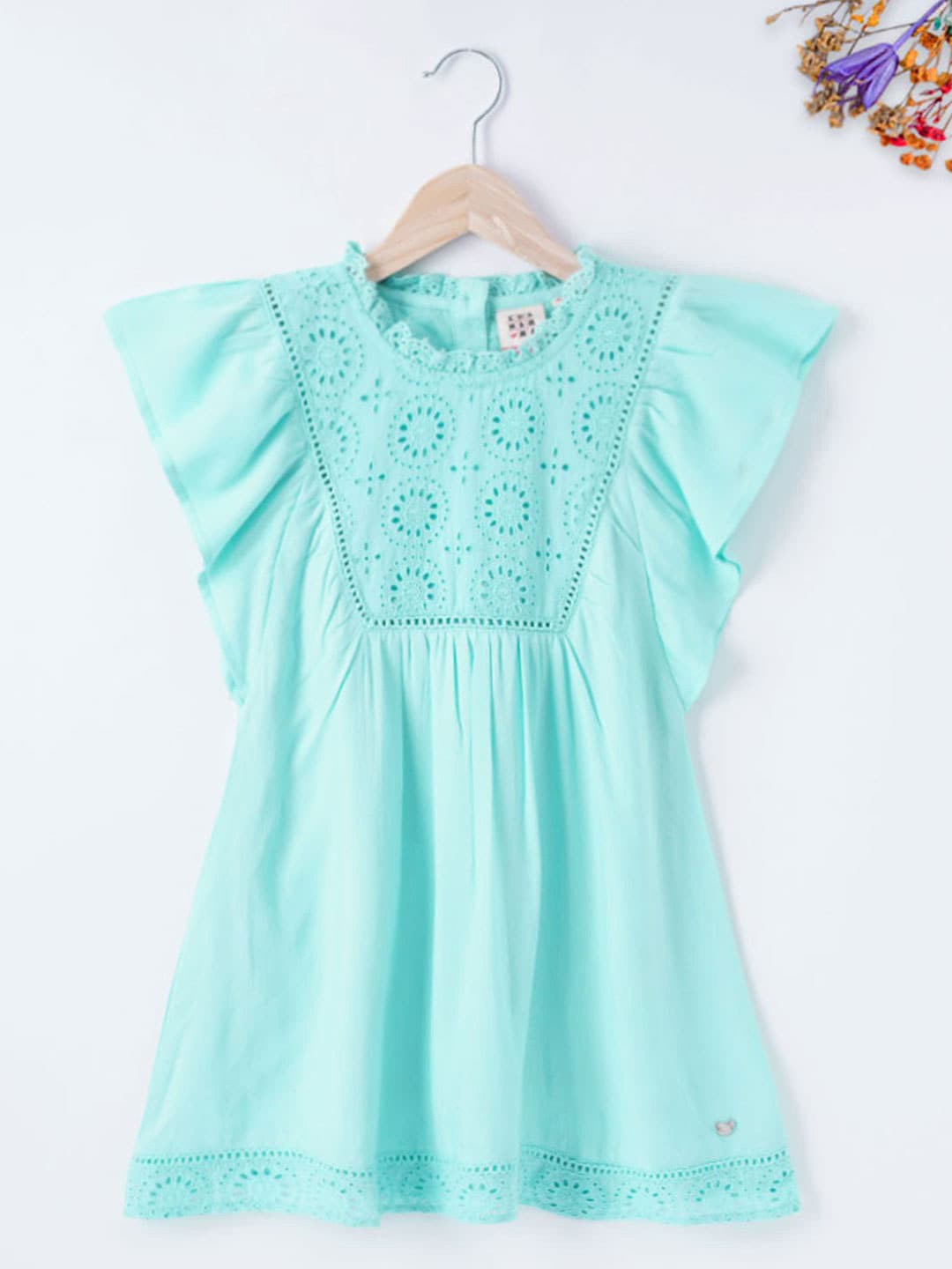 

Ed-a-Mamma Girls Self Design Schiffli Cotton A-Line Dress, Green