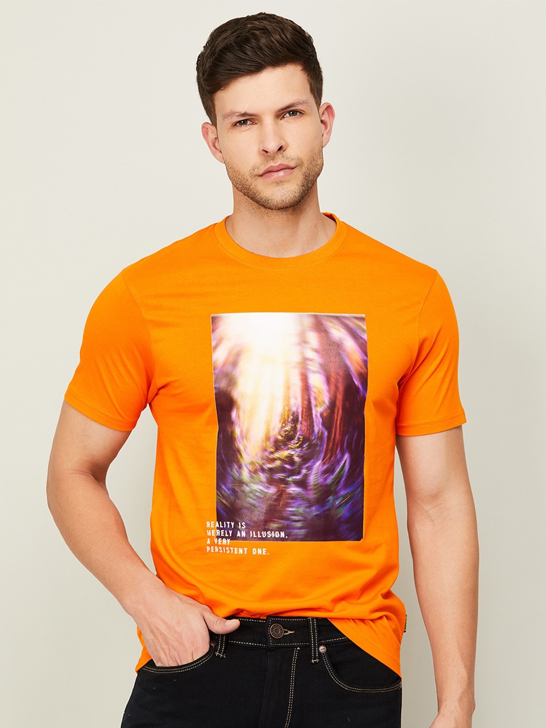 Bossini Men Graphic Printed Cotton T-shirt, Orange