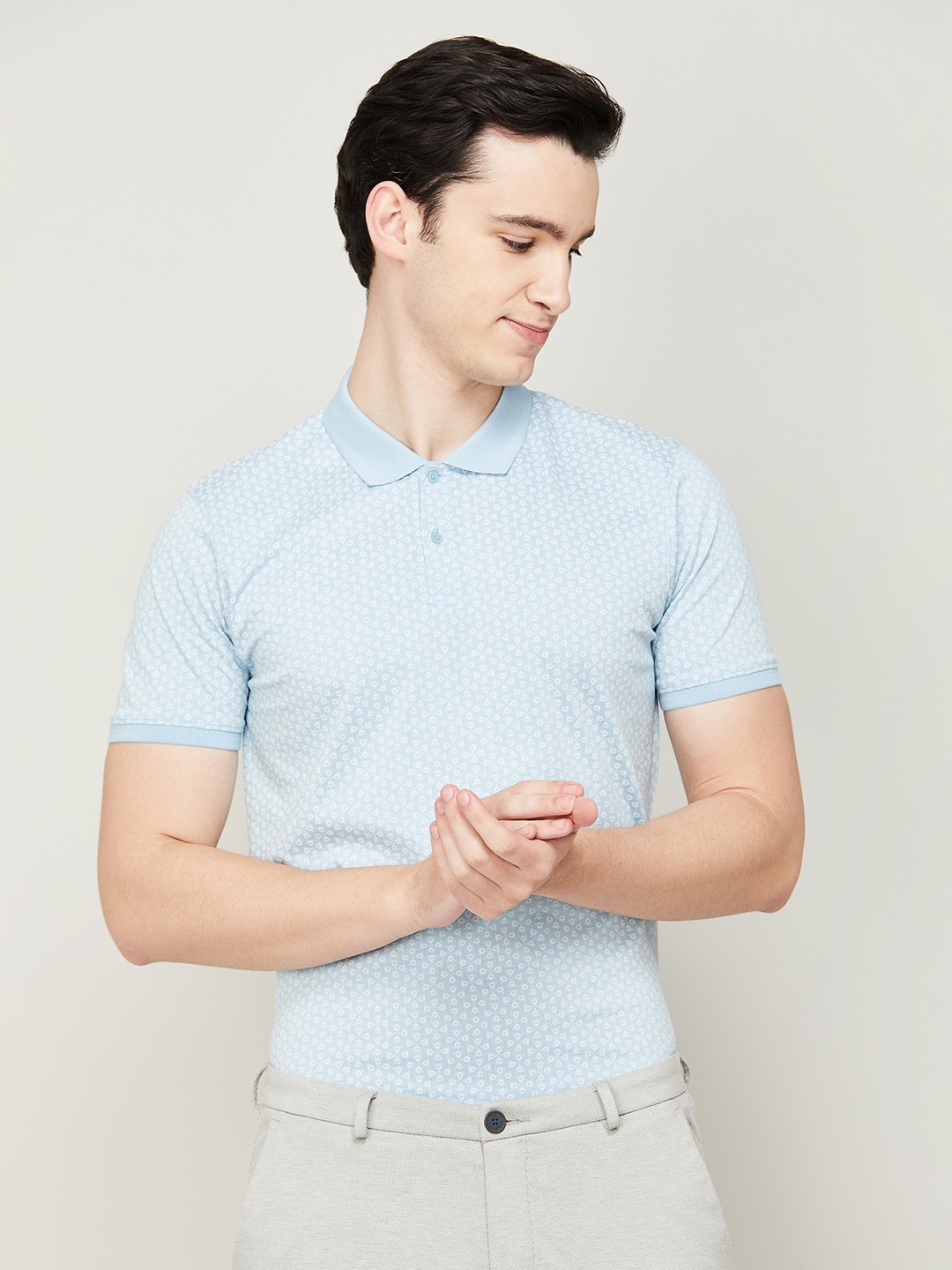 

CODE by Lifestyle Men Geometric Micro Ditsy Printed Polo Collar Cotton T-shirt, Blue