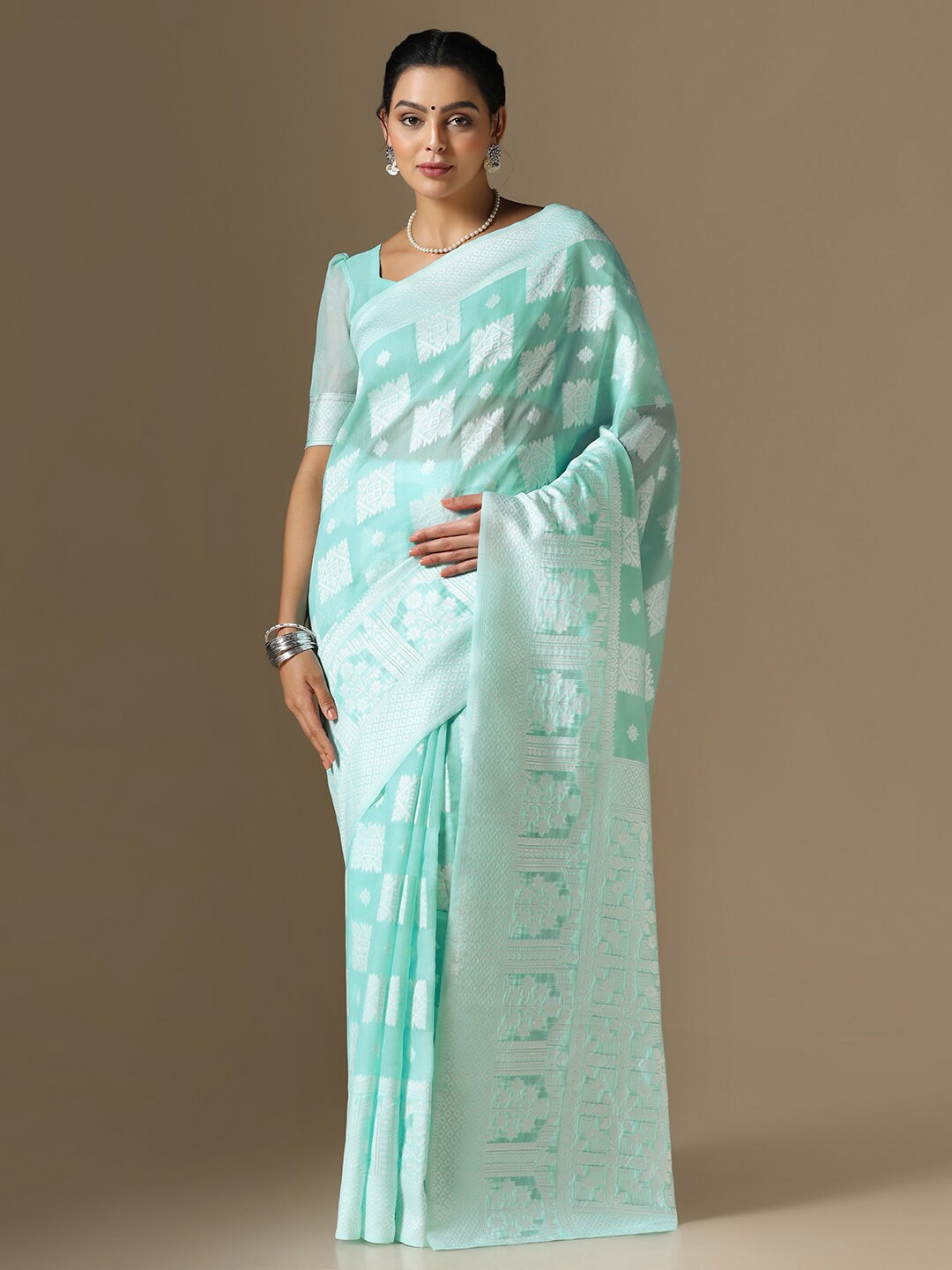 

Satrani Floral Woven Design Zari Saree, Turquoise blue