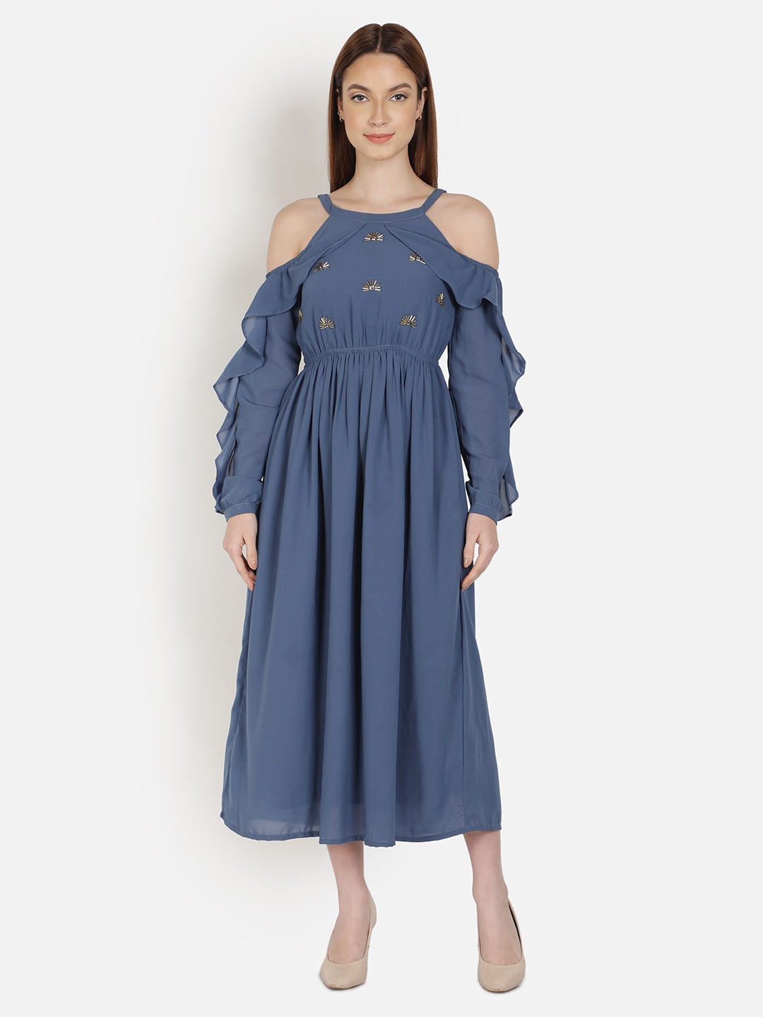 Sipsew Halter Neck Cold Shoulder Sleeves Georgette Midi Dress, Blue