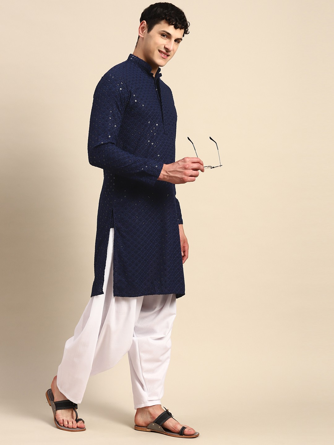 

Molly & Michel Floral Embroidered Sequinned Pure Cotton Kurta with Salwar, Navy blue