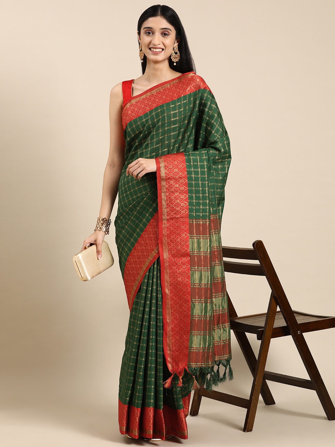 

VASTRANAND Woven Design Checked Zari Art Silk Banarasi Saree, Green