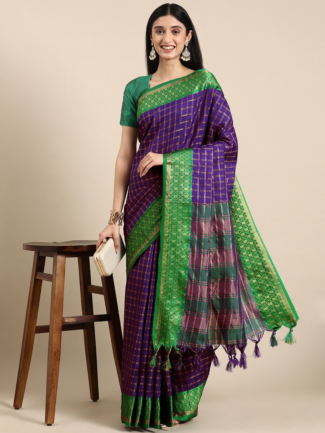 

VASTRANAND Woven Design Checked Zari Art Silk Banarasi Saree, Purple