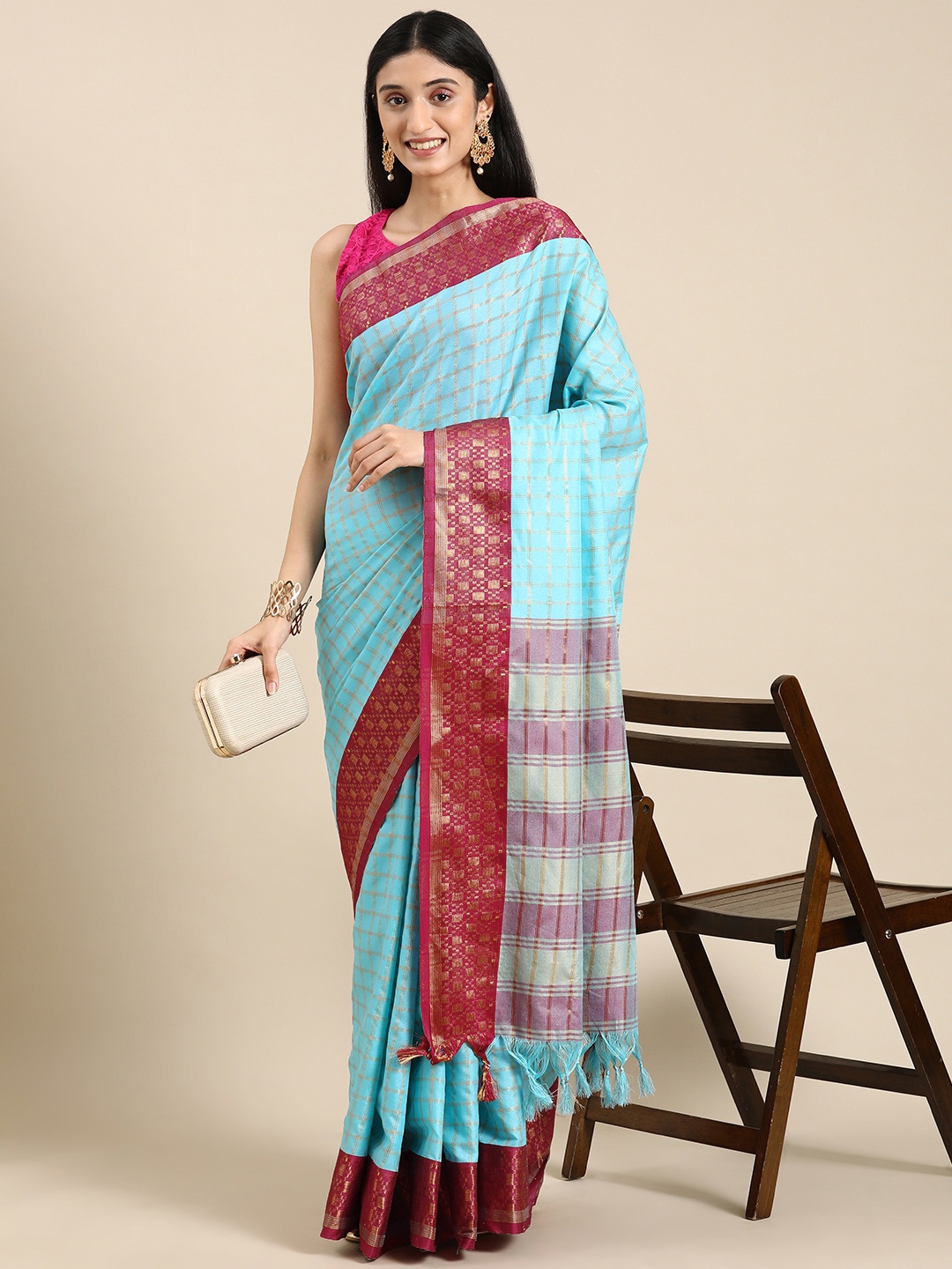 

VASTRANAND Woven Design Checked Zari Art Silk Banarasi Saree, Blue