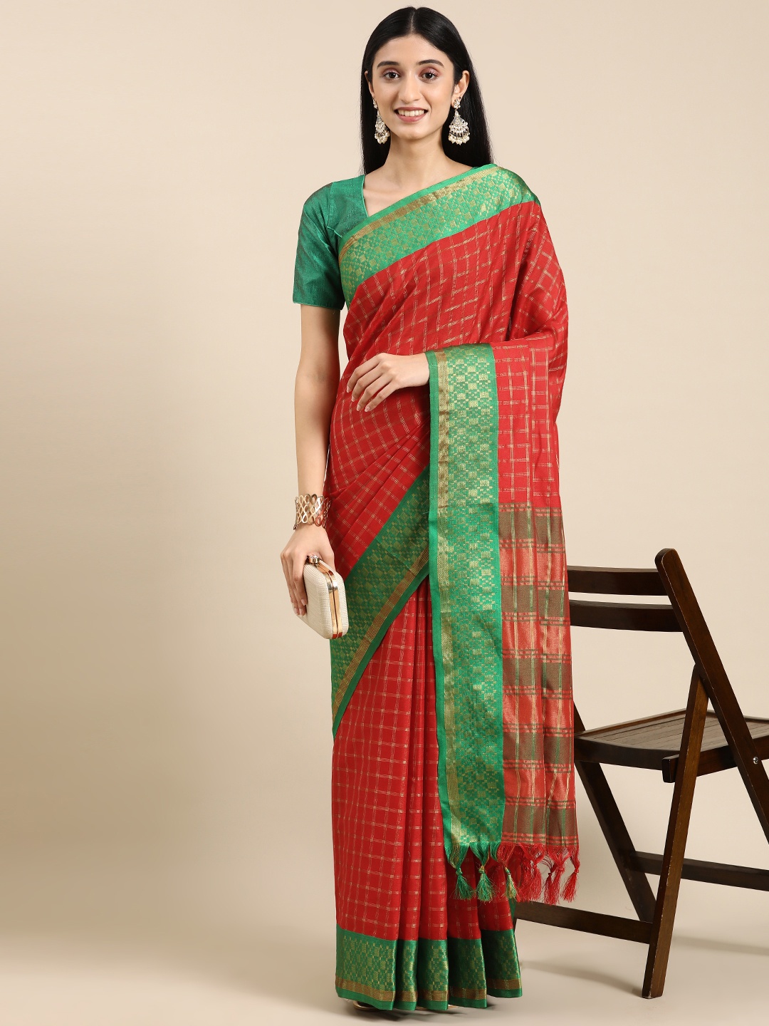 

VASTRANAND Woven Design Checked Zari Art Silk Banarasi Saree, Red