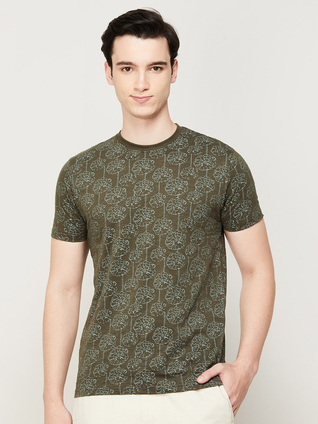 

Melange by Lifestyle Men Floral Printed Cotton T-shirt, Olive