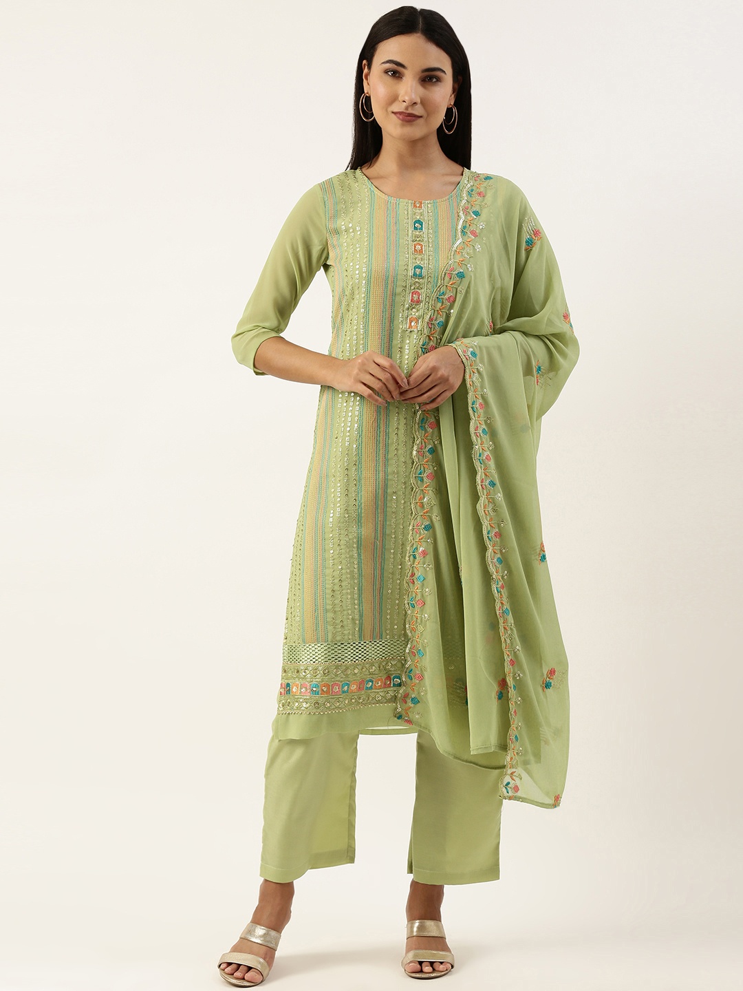 

SWAGG INDIA Ethnic Motifs Embroidered Sequinned Kurta With Trousers & Dupatta, Green