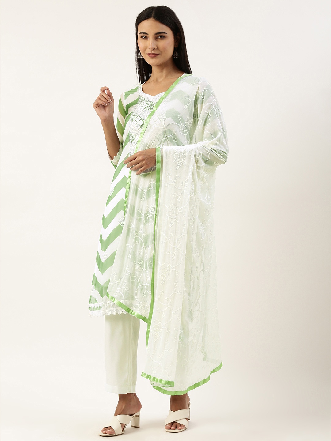

SWAGG INDIA Embroidered Sequinned Kurta With Trousers & Dupatta, Green