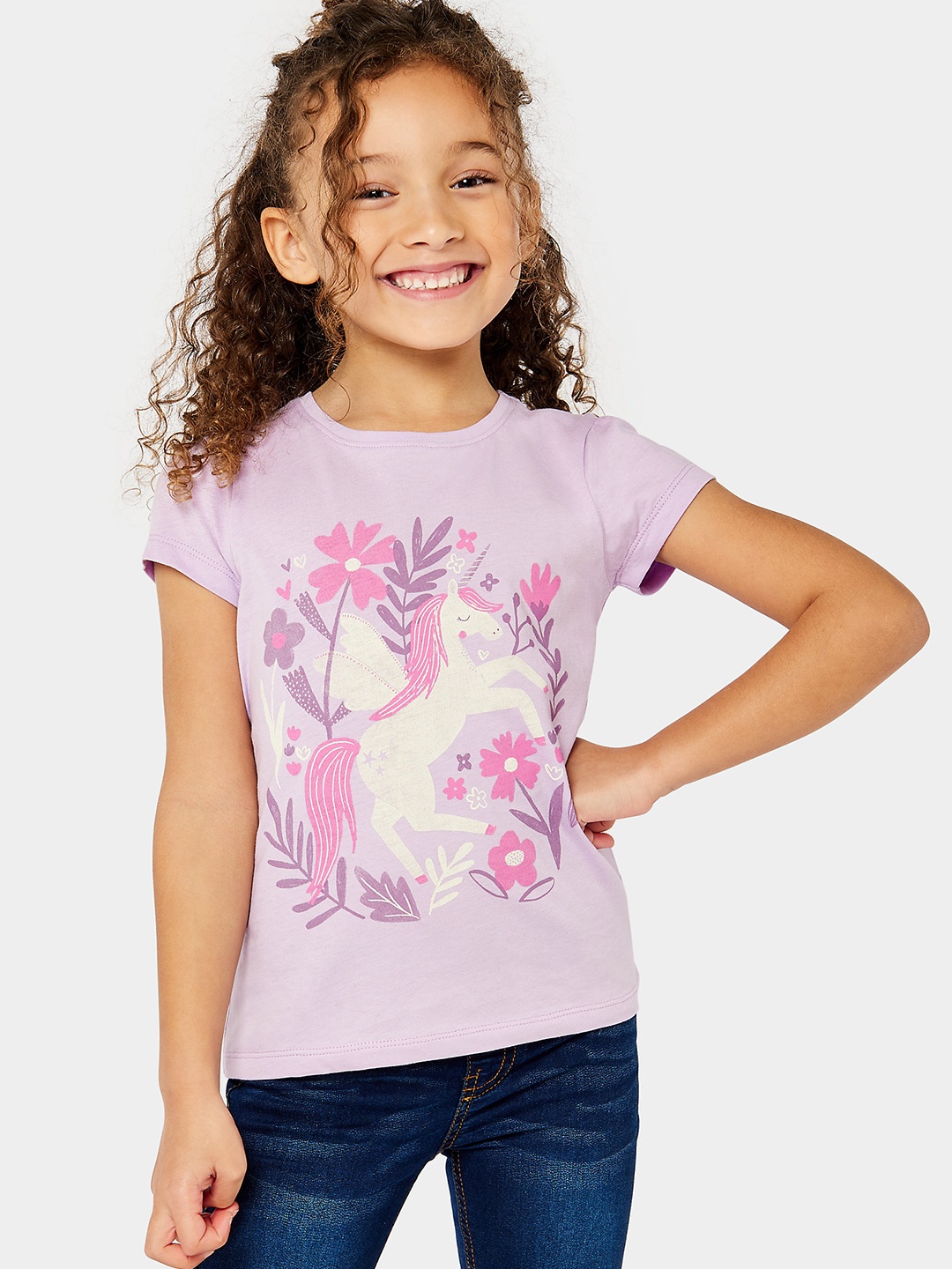 

mothercare Girls Floral & Unicorn Print Knitted Pure Cotton T-shirt, Purple