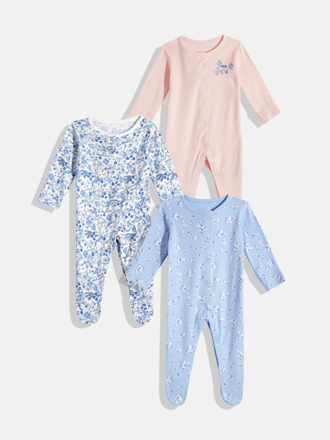 

mothercare Girls Set Of 3 Printed Knitted Pure Cotton Sleepsuits, Blue