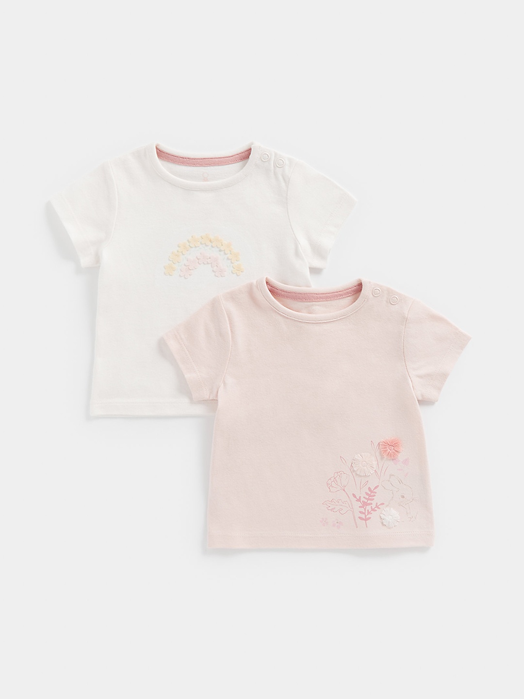 

mothercare Girls Pack of 2 Pure Cotton Printed & Applique T-shirt, White