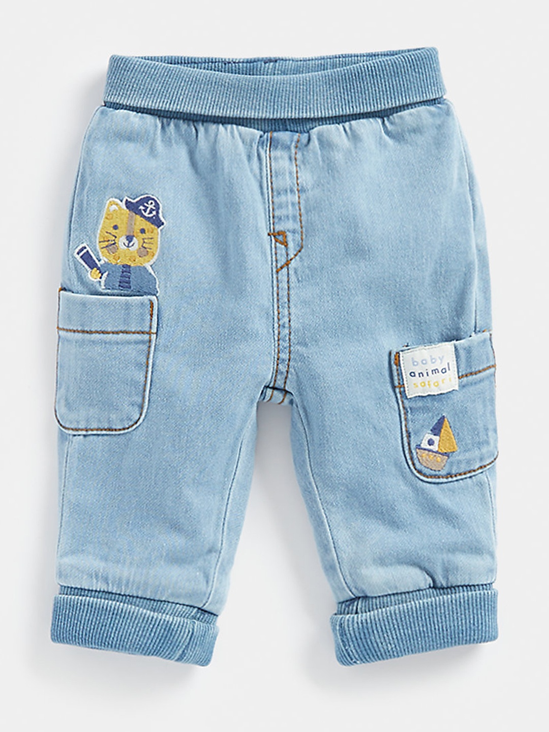 

mothercare Boys Jogger Mid-Rise Light Fade Cuffed Hem & Embroidered Stretchable Jeans, Blue