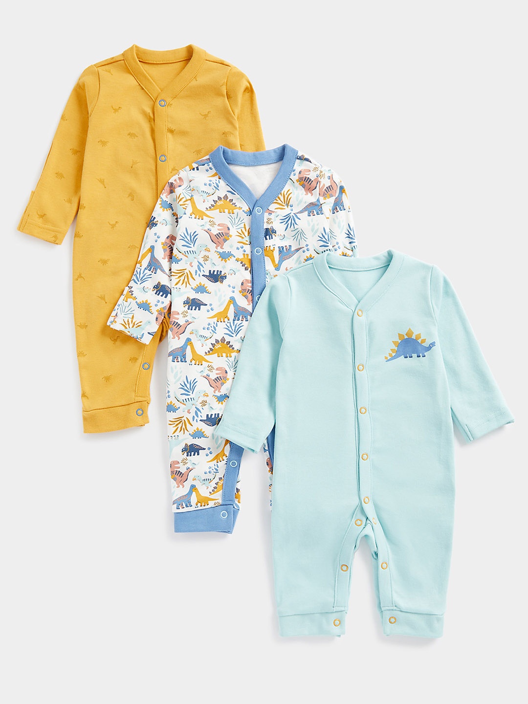 

mothercare Unisex Kids Pack Of 3 Printed & Solid Knitted Pure Cotton Sleepsuits, Blue