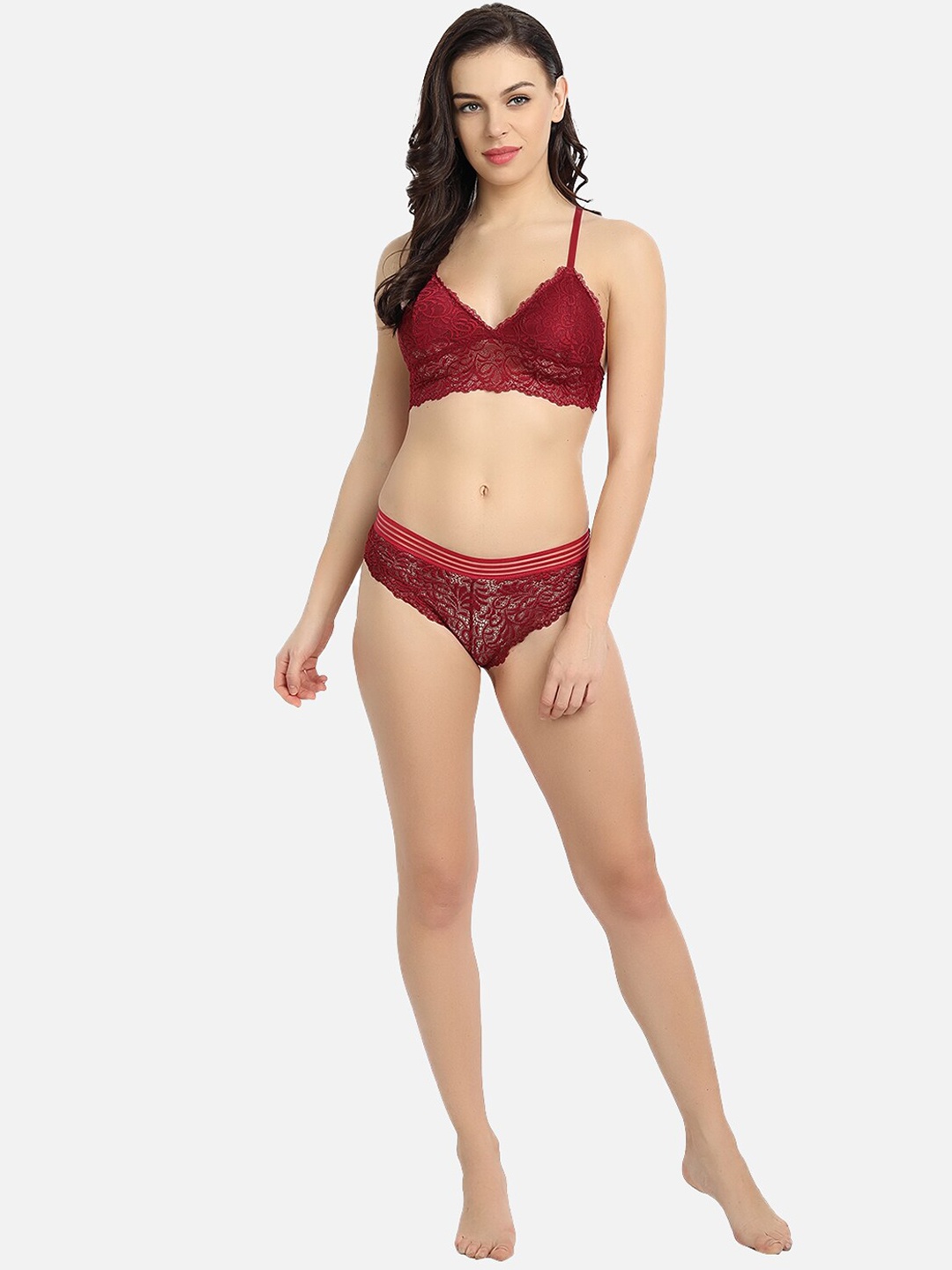 

Flenzy Women Lace Design Lightly Padded Lingerie Set, Maroon