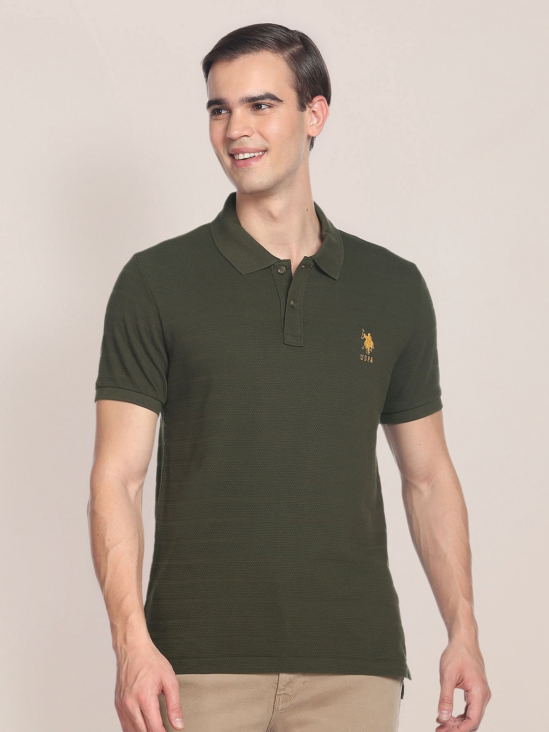 

U.S. Polo Assn. Men Polo Collar Slim Fit Pure Cotton T-shirt, Olive