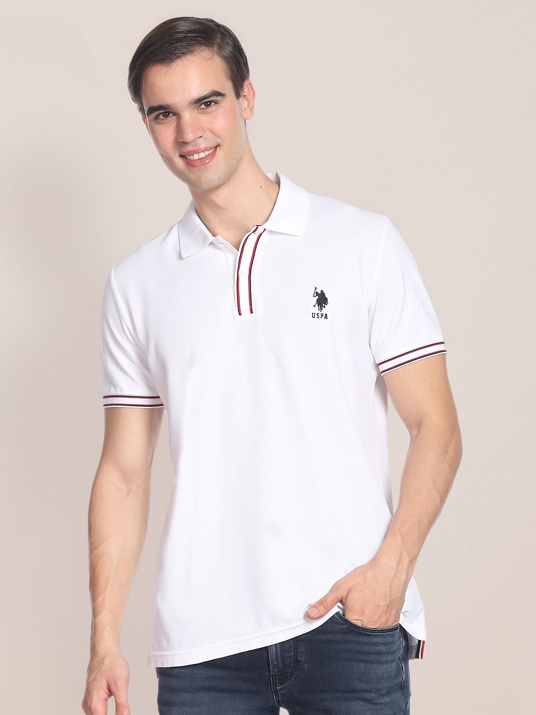 

U.S. Polo Assn. Men White Polo Collar Pure Cotton Slim Fit T-shirt