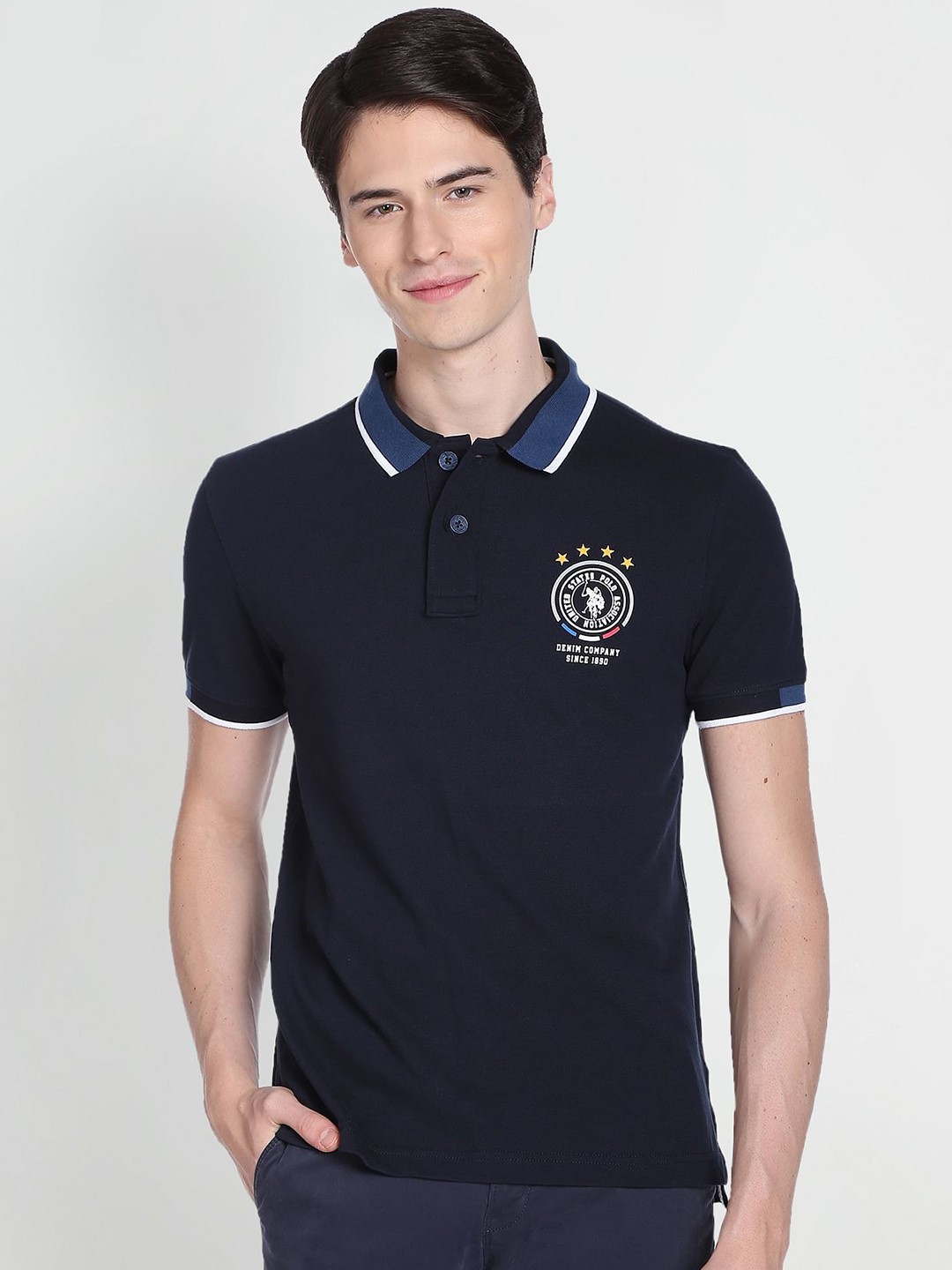 

U.S. Polo Assn. Denim Co. Brand Logo Printed Polo Collar Slim Fit Cotton T-shirt, Blue