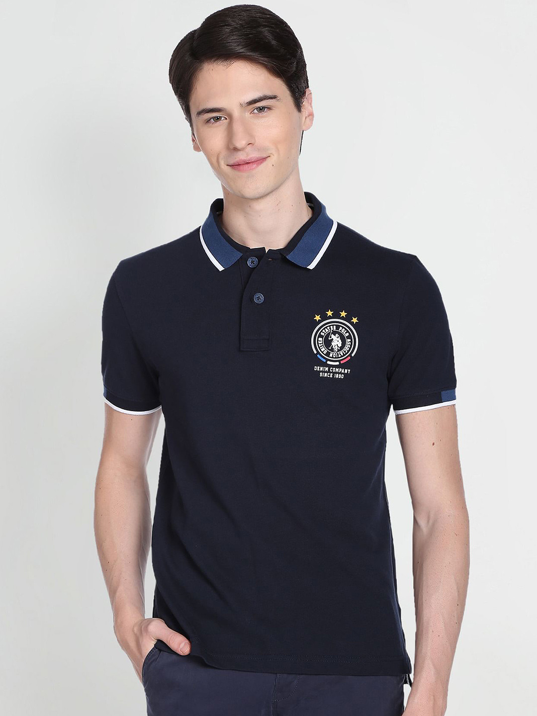 

U.S. Polo Assn. Denim Co. Brand Logo Printed Polo Collar Slim Fit Cotton T-shirt, Blue
