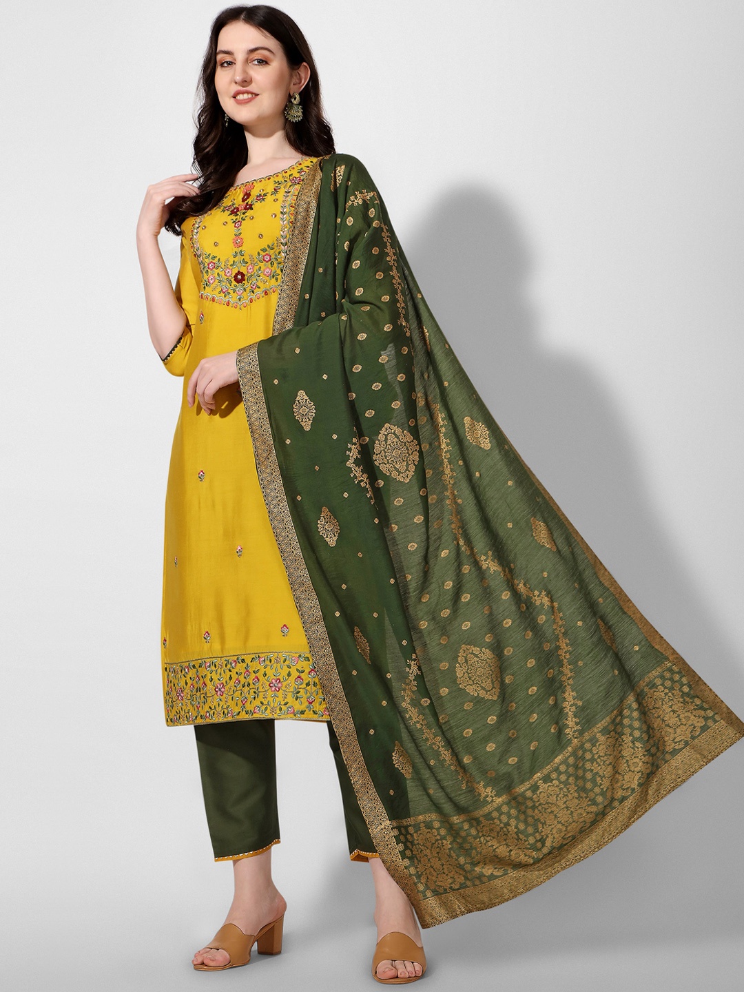 

Berrylicious Embroidered Chanderi Cotton Kurta with Trousers & Dupatta, Mustard