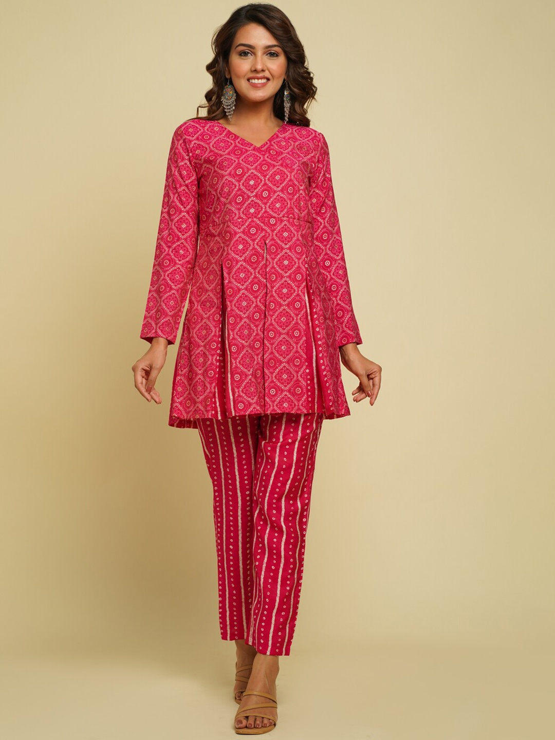 CRAFTED FOR YOU Women Printed Tunic With Trouser, Fuchsia