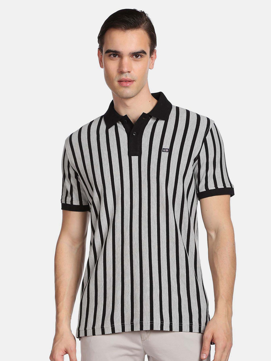 

Arrow Sport Men Striped Polo Collar Pure Cotton T-shirt, Grey