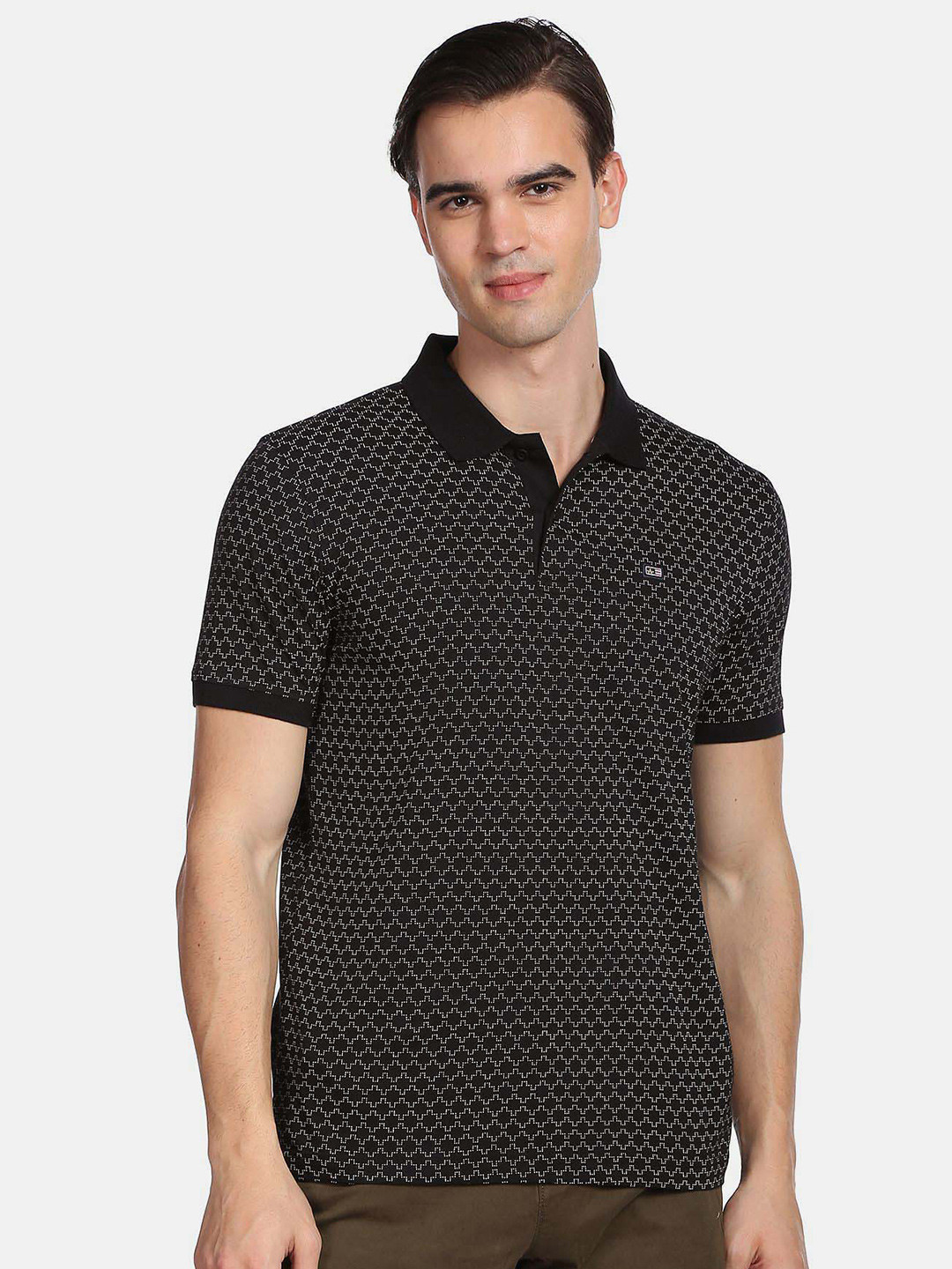

Arrow Sport Men Geometric Printed Polo Collar Pure Cotton T-shirt, Black