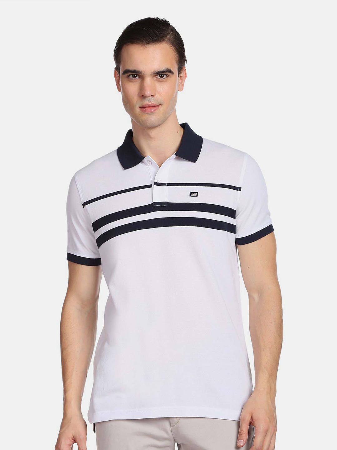 

Arrow Sport Men Striped Polo Collar Pure Cotton T-shirt, White