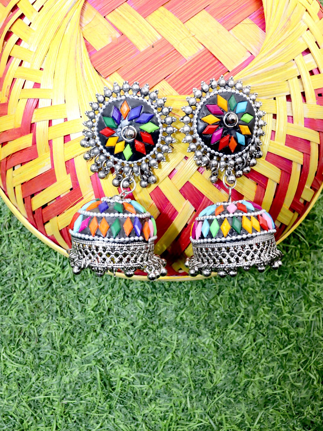 

VAGHBHATT Women Silver-Plated Dome Shaped Jhumkas Earrings, Red