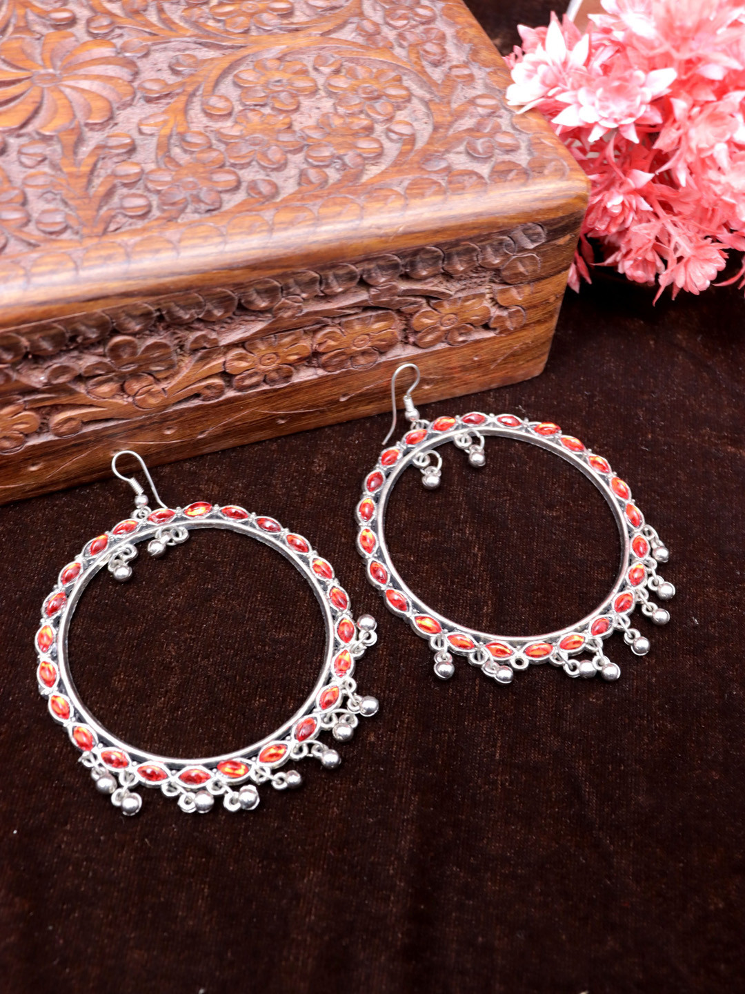 

VAGHBHATT Women Silver-Plated Circular Drop Earrings, Red